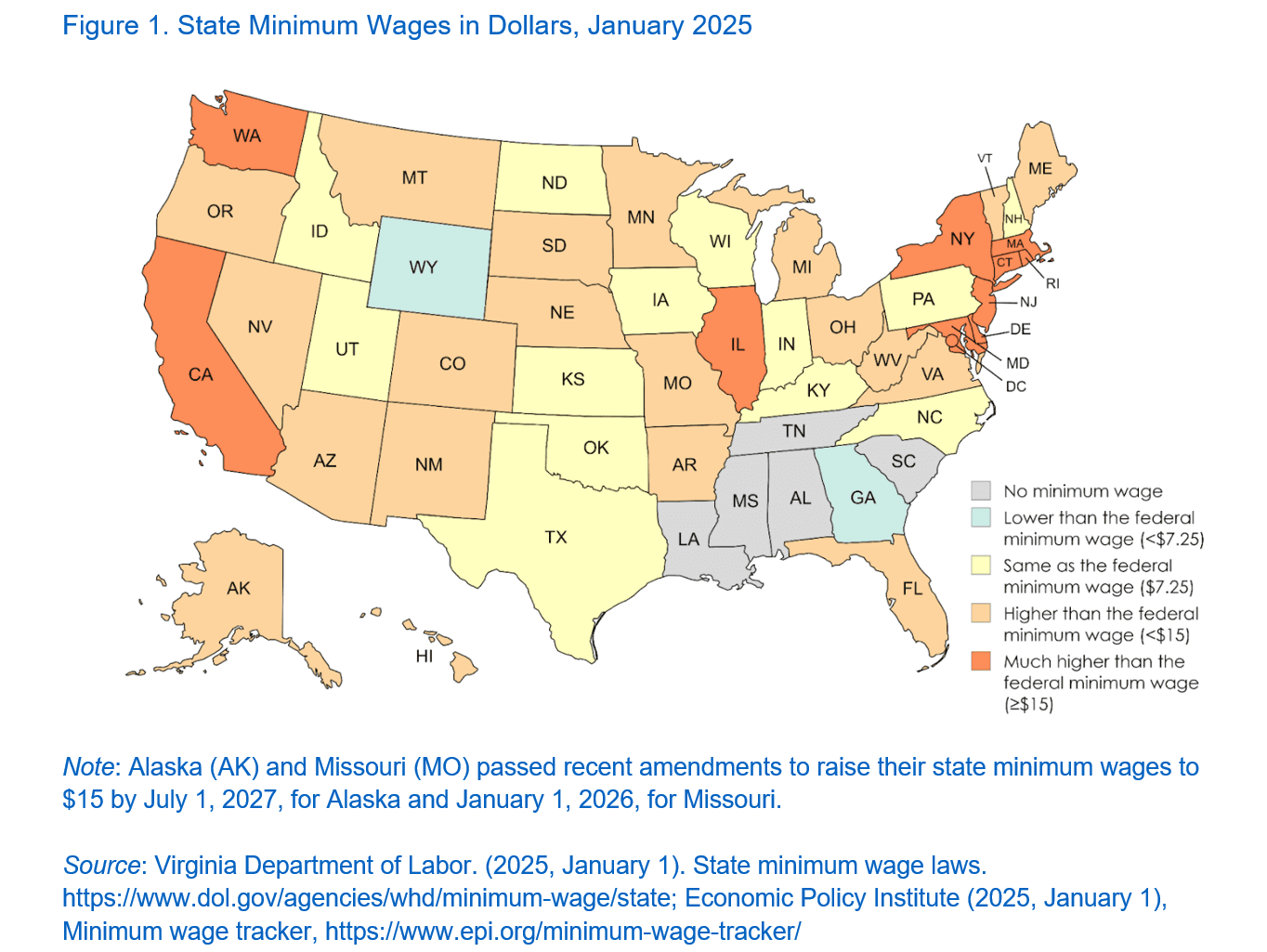 United States map showing state minimum wage levels